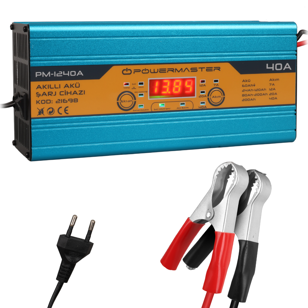 POWERMASTER DC-1240A 12 VOLT MAX 40 AMPER DİGİTAL EKRANLI  AKILLI KURU - ASİT - JEL AKÜ ŞARJ CİHAZI