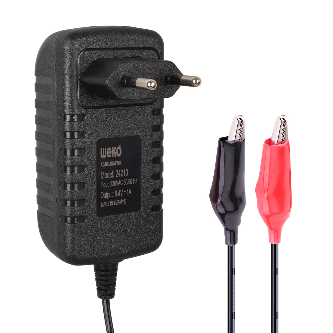 WEKO 7.2 VOLT - 1 AMPER KROKODİL UÇLU PRİZ TİP KIRMIZI YEŞİL LEDLİ YERLİ ÜRETİM AKÜ ŞARJ ADAPTÖRÜ (OUT:6V1A)