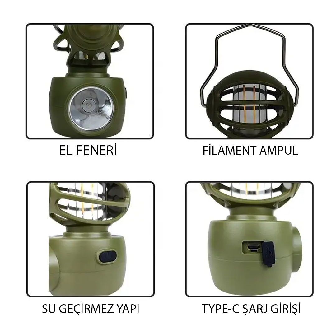 POWERMASTER LF-3328A 30 WATT POWER VE FİLAMENT LED KAMP LAMBASI ŞARJLI TYPE-C 155X115X85MM