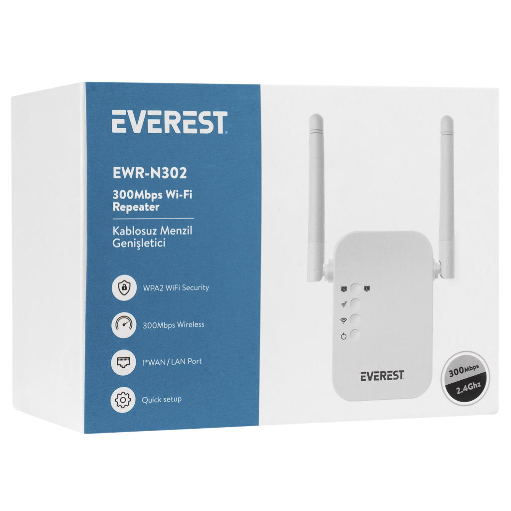 EVEREST EWR-N302, 300Mbps, 2,4Ghz, WPS Butonu, 1Port LAN/WAN, Menzil Genişletici
