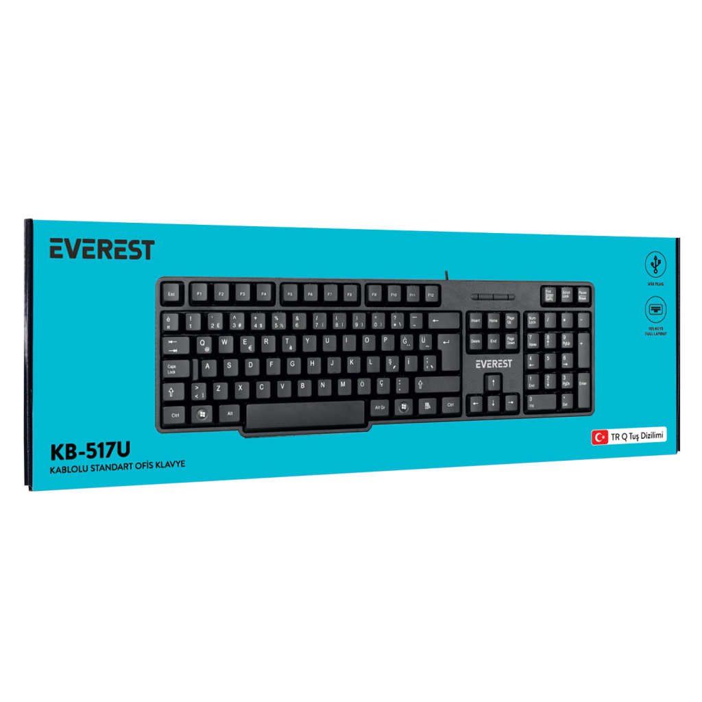 EVEREST KB-517U, USB Kablolu, Türkçe Q,  2Mt Kablolu Standart Klavye (Siyah)