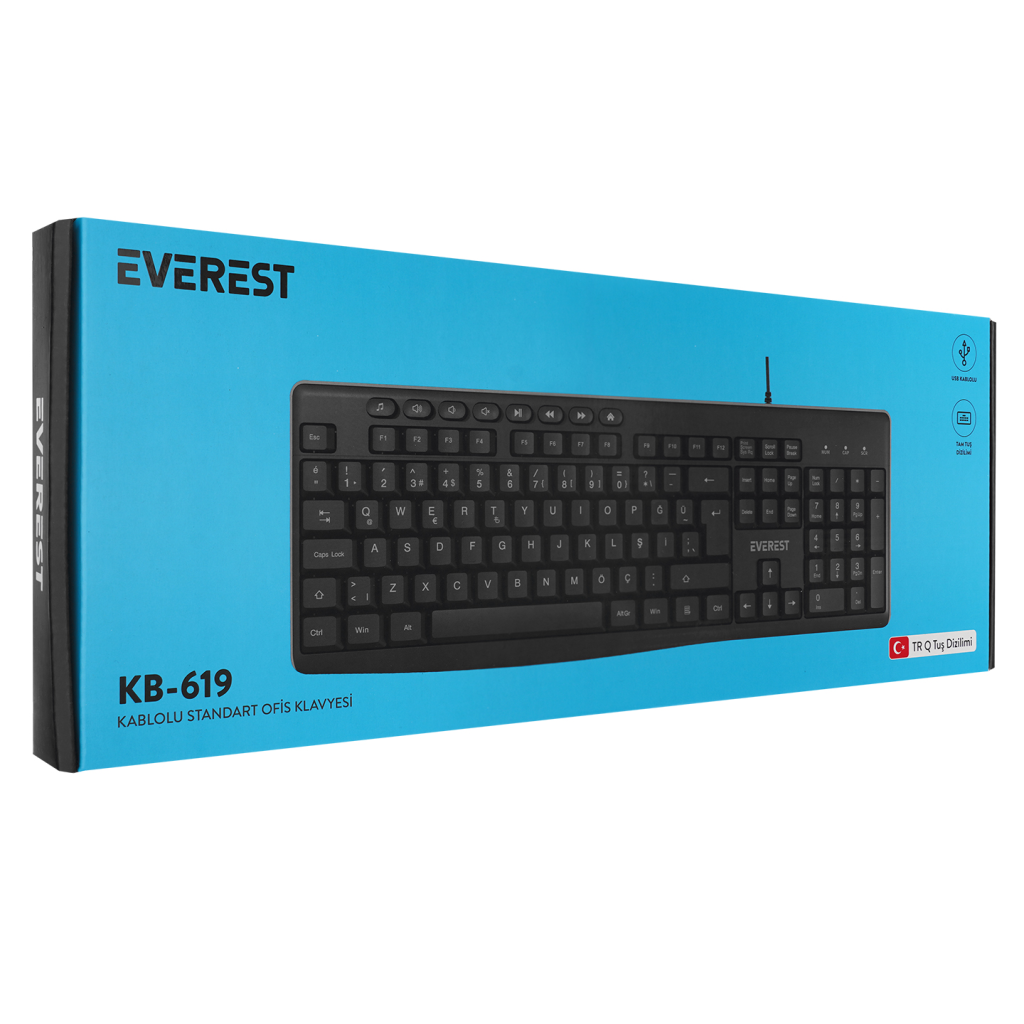 EVEREST KB-619, USB Kablolu, Türkçe Q, Standart Klavye (Siyah)