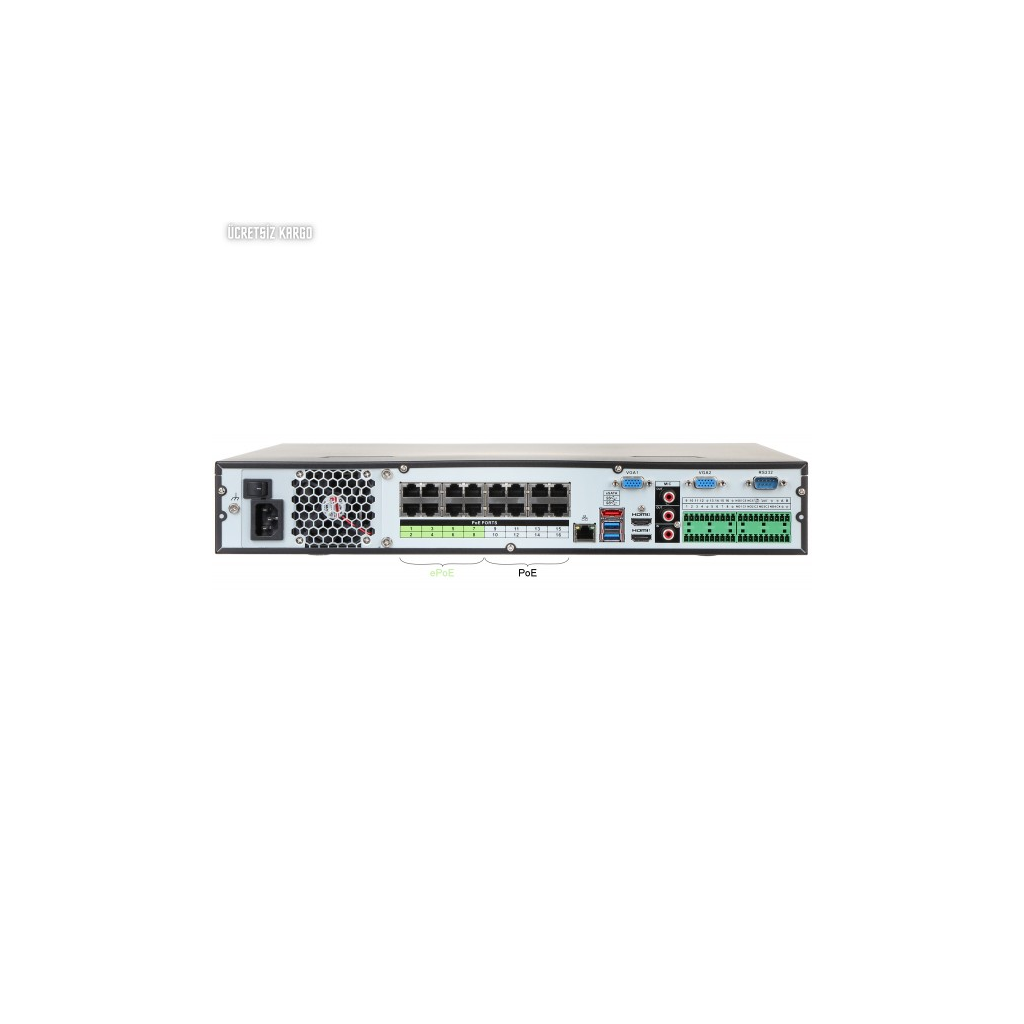 DAHUA  NVR5416-16P-4KS2E, 16Kanal PoE, 12Mpix, H265+, 4HDD Desteği, 1080P Kayıt, 320Mbps Bant Genişliği, NVR