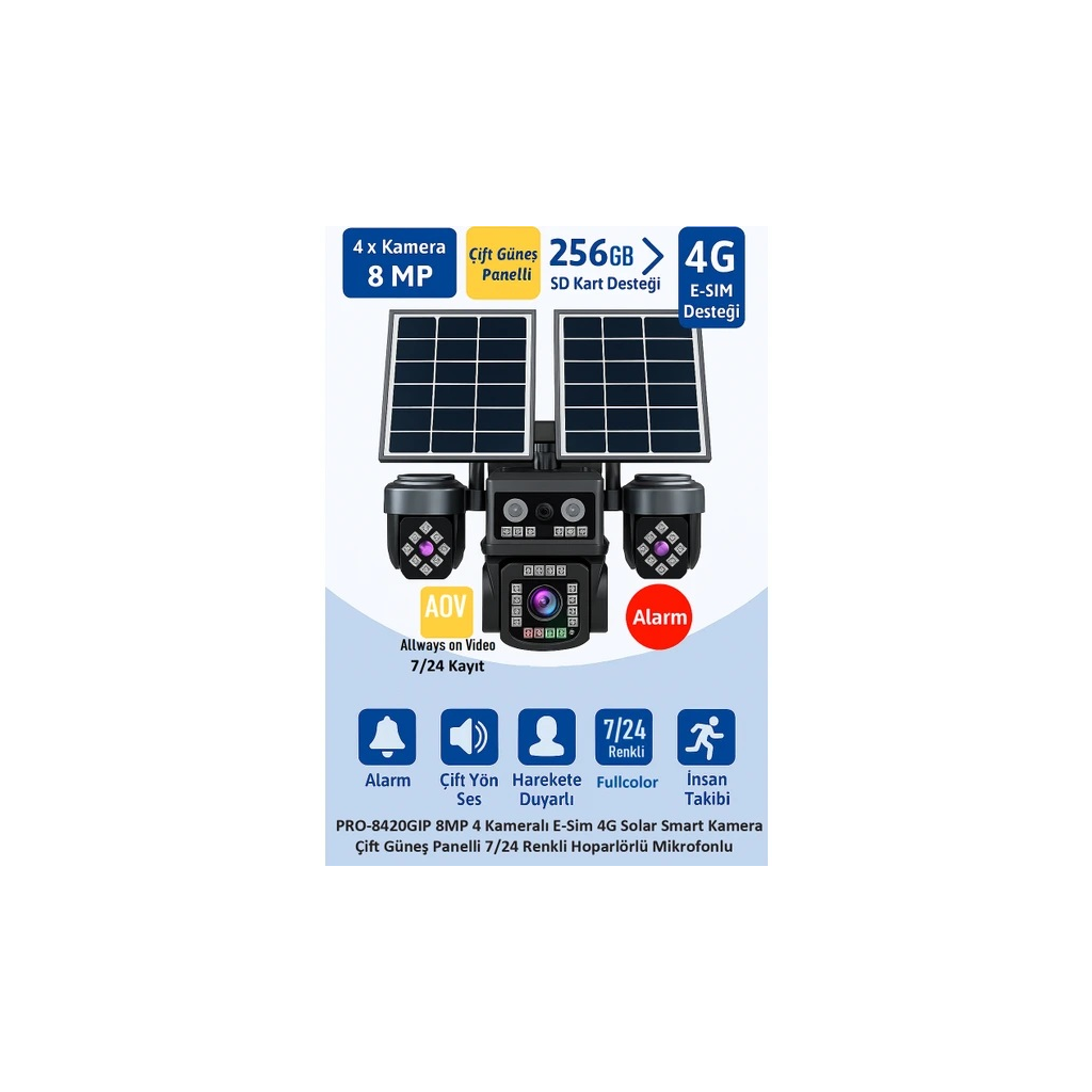 BALANDI PRO-8420GIP 8MP 4 Kameralı 4G AOV ESIM  Solar Kamera