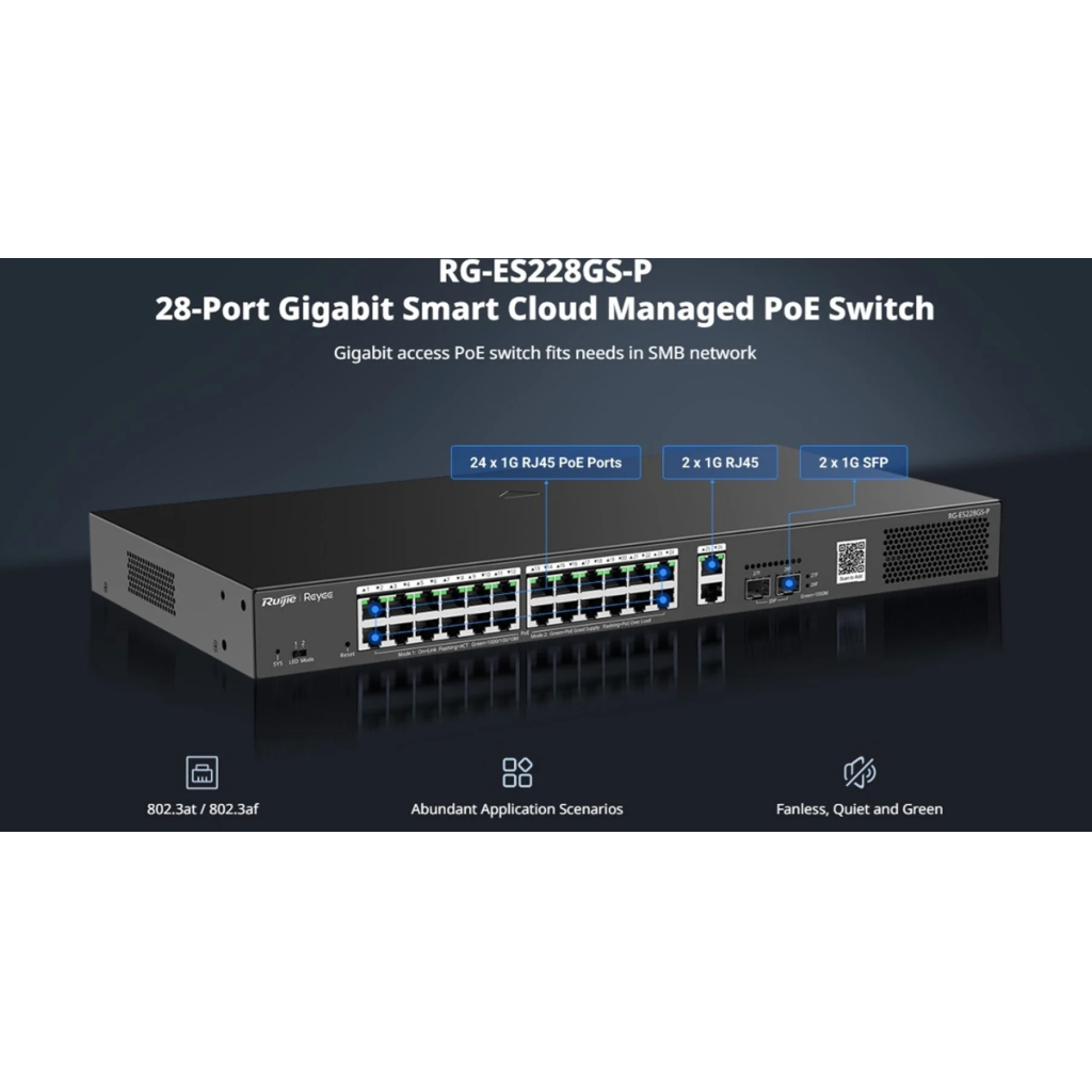 RUIJIE REYEE RG-ES228GS-P  28Port ,24 Port  PoE  370W, 2Port Gİgabit Uplink, 2 Port SFP, Colud Yönetilebilir Switch  Metal Kasa