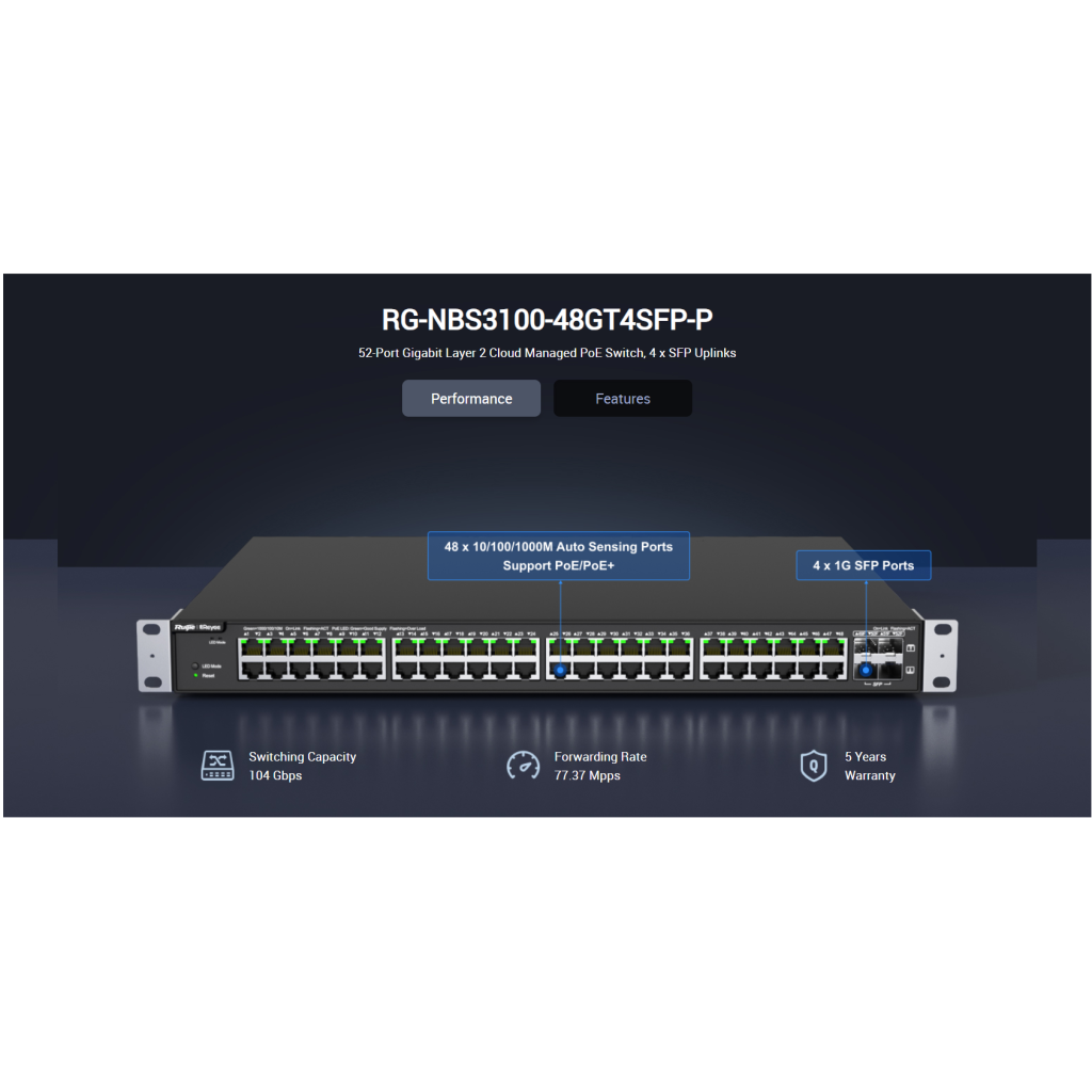 RUIJIE REYEE RG-NBS3100-48GT4SFP-P  48 Port  GigaBit PoE,  370W, 4Port SFP, L2 Yönetilebilir Switch  Metal Kasa
