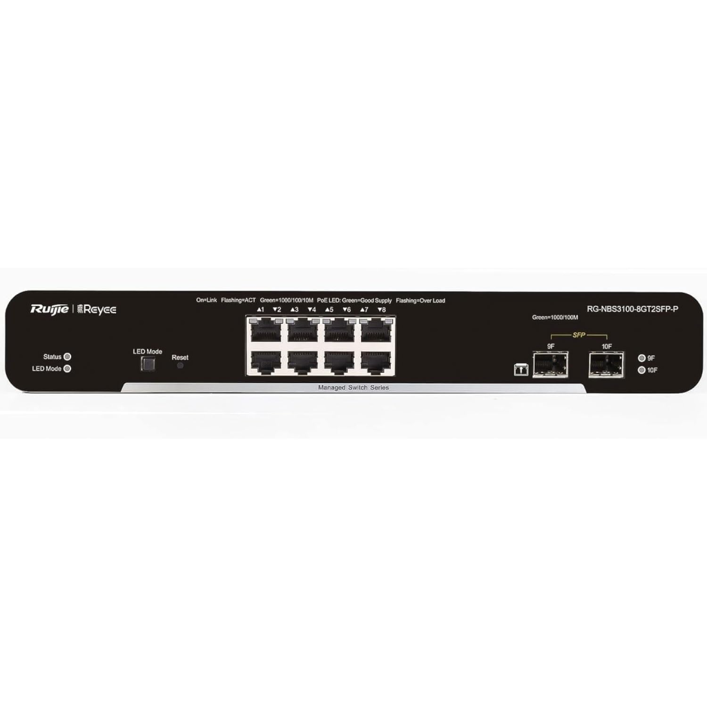 RUIJIE REYEE RG-NBS3100-8GT2SFP-P-V2, 8 Port, GigaBit, 8Port PoE, 125W,  2Port SFP, L2 Yönetilebilir, Metal Kasa, Masaüstü, Switch