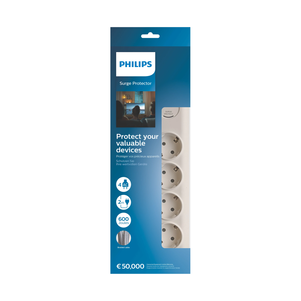 PHILIPS SPN7040WA/62, 4 Soket, Akım Korumalı Priz, 600 Joules, 2Mt Örgülü Kablo, (Beyaz)