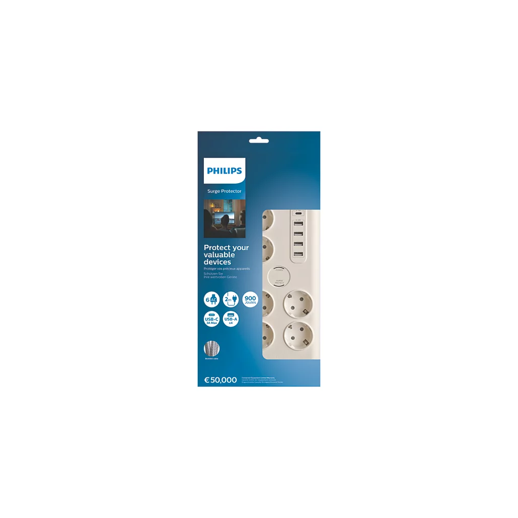 PHILIPS SPN7060WA/62, 6 Soket, Akım Korumalı Priz, 900 Joules, 2Mt Kablo, 1xUsb-C 15W Şarj, 4xUsb-A 20W, (Beyaz)
