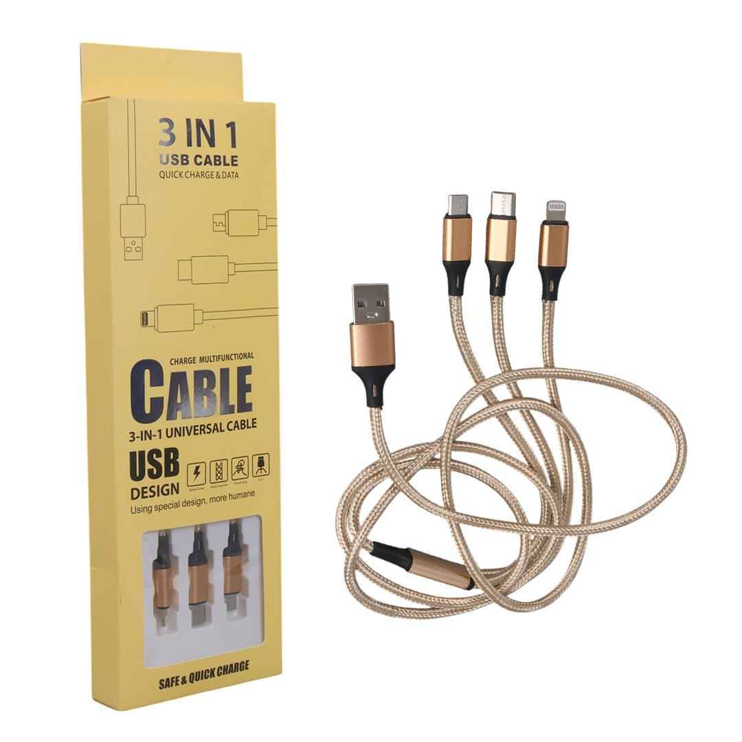 Powermaster PM-2368 Micro USB - Type-C - Lightning Şarj Ve Data Kablosu 2.1 Amper 110Cm Örgülü