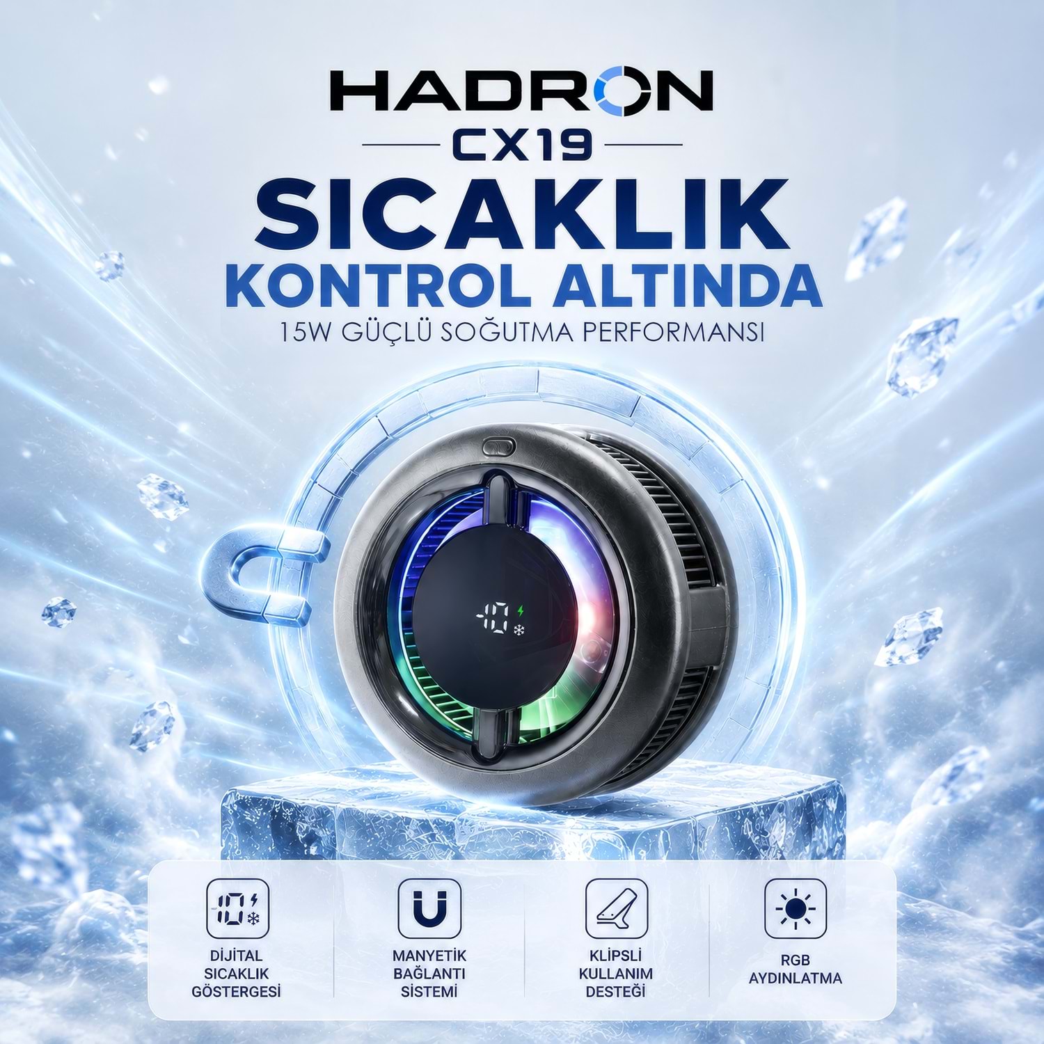 HADRON CX19 Manyetik Telefon Soğutucu Fan 15W Kablosuz Şarjlı RGB Isı Göstergeli Siyah
