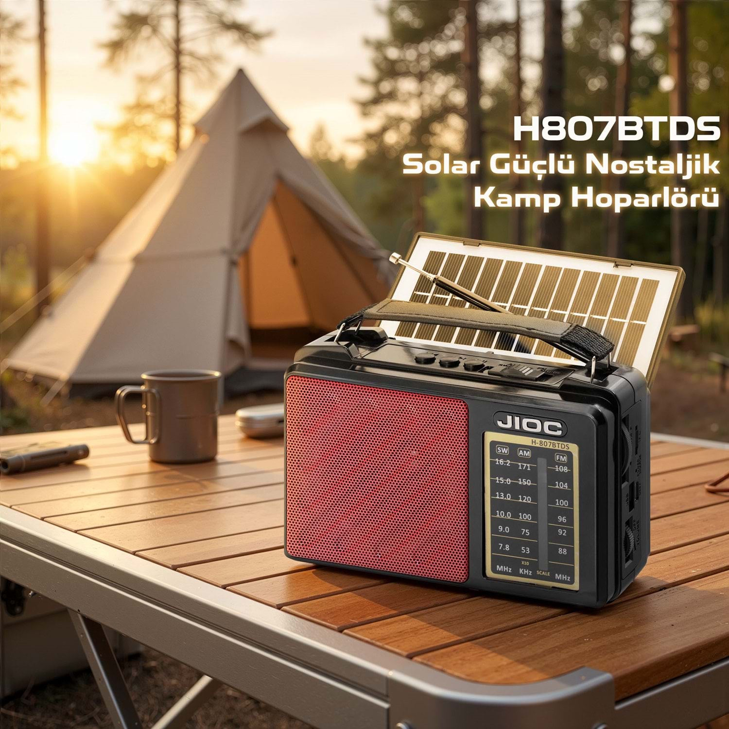 JIOC H807BTDS Bluetooth Nostaljik FM Radyo TWS USB TF AUX RGB Solar Şarjlı Taşınabilir Kamp Hoparlör