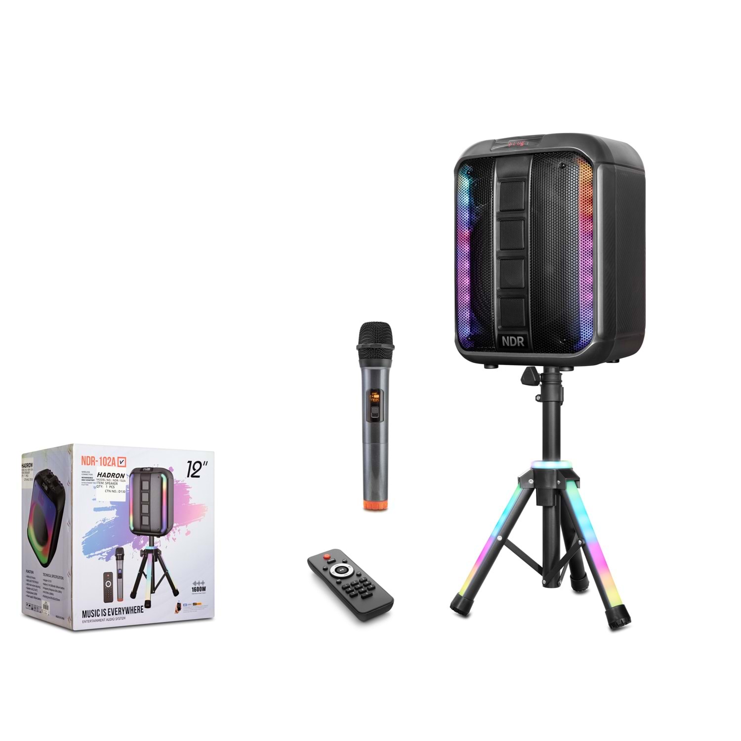 NDR NDR102A Karaoke Mikrofonlu Bluetooth Hoparlör FM Radyo 12 İnç RGB Tripodlu Kumandalı Siyah
