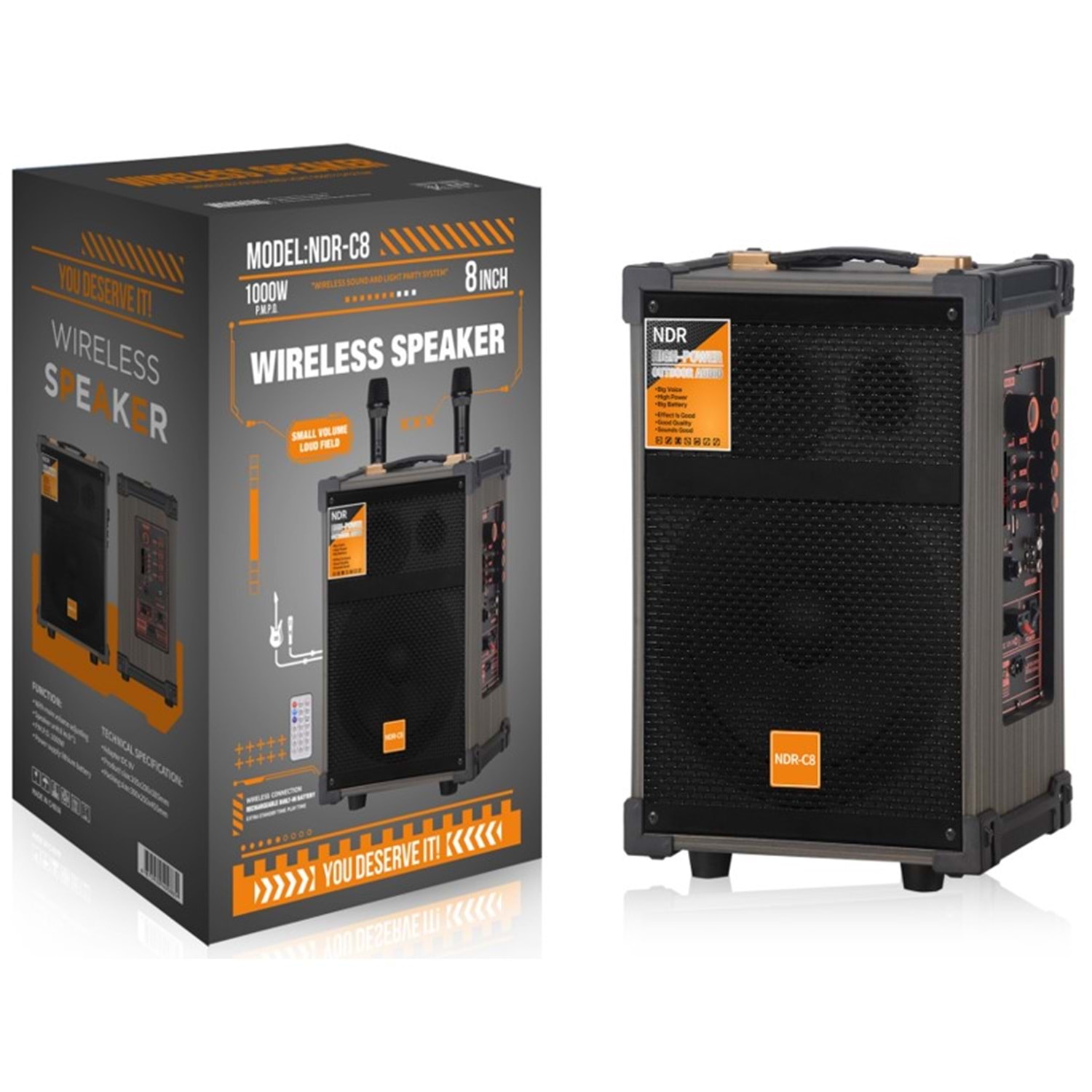 NDR NDRC08 Çift Karaoke Mikrofonlu Bluetooth Hoparlör FM Radyo 40W 8 İnç Kumandalı Siyah