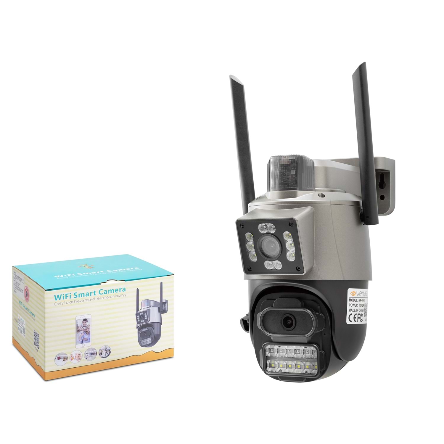 VENAS RX-38AI Wi-Fi Speed Dome IP Güvenlik Kamerası 2 x 2MP PTZ Gri Siyah