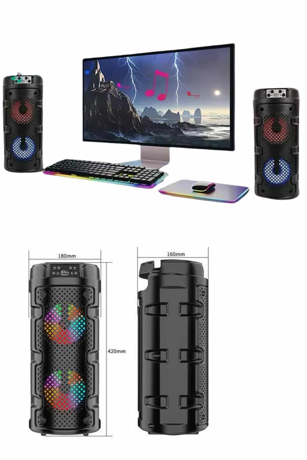 Bluetooth Hoparlör Rgb Led Işıklı Büyük Boy Yüksek Bass Çift Loblu