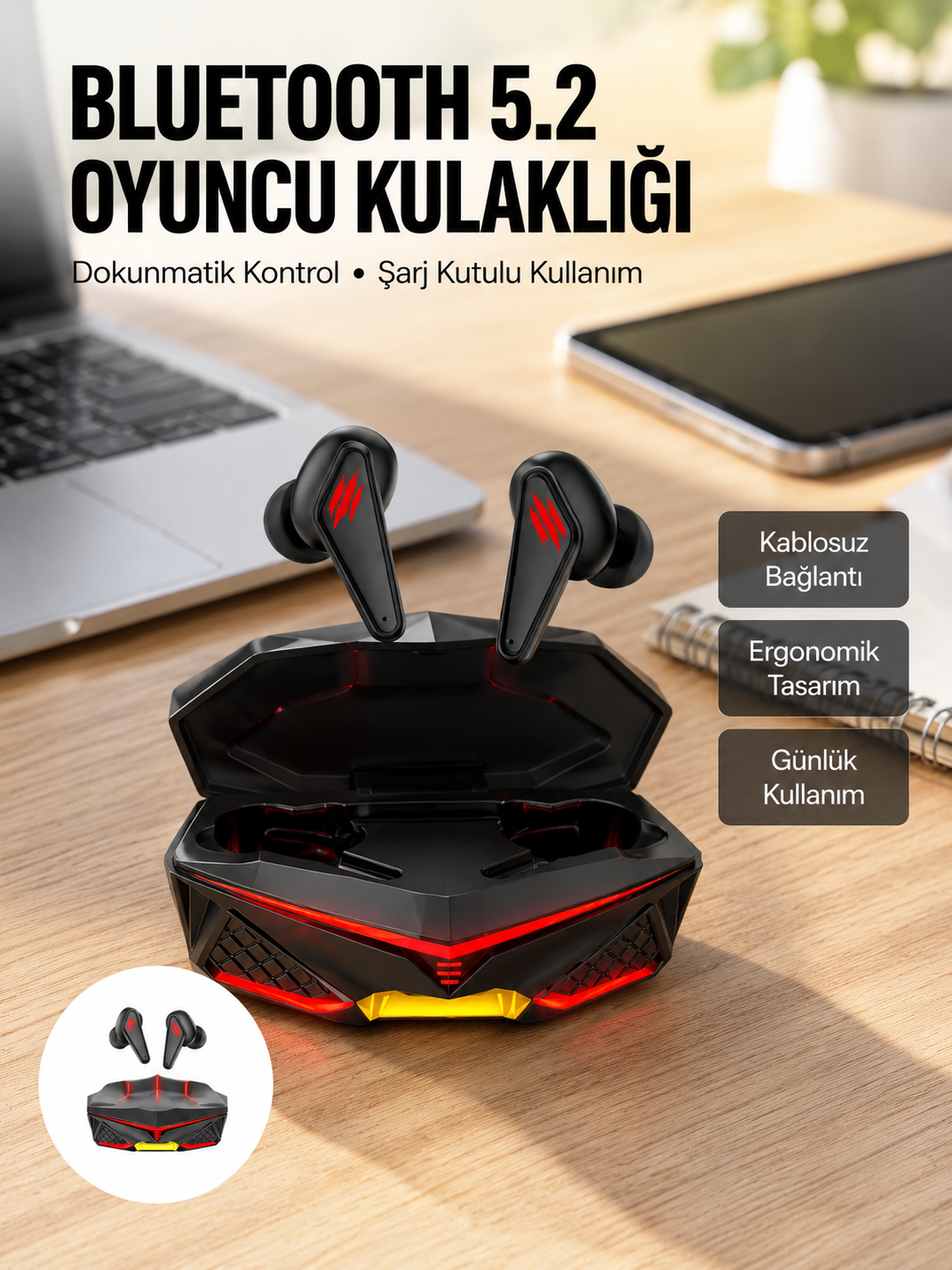 Profesyonel TWS Işıklı Kablosuz Bluetooth Kulaklık Oyuncu Kulaklığı