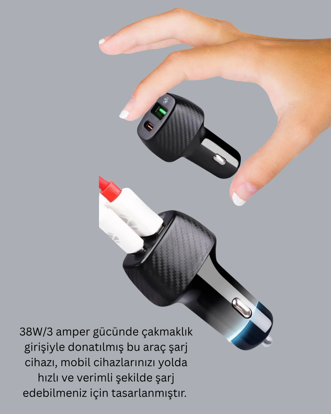 Kompakt Tasarımlı Type-C + USB Girişli Araç Şarj Başlığı