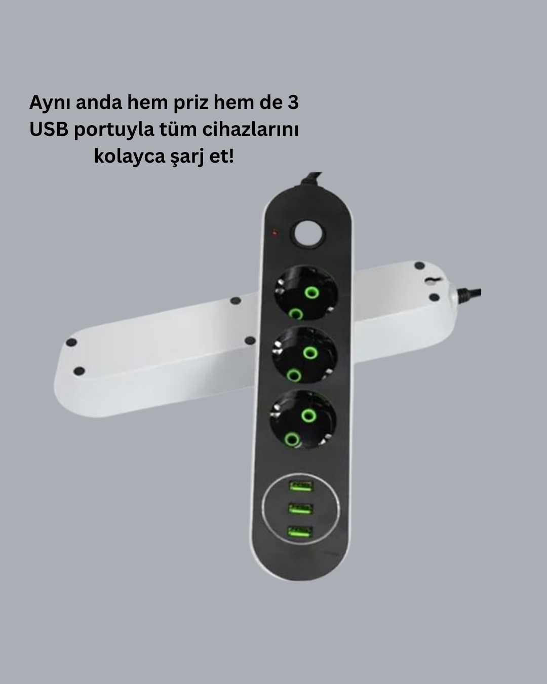2 Metre Kablolu 3 USB Portlu Anahtarlı Üçlü Priz