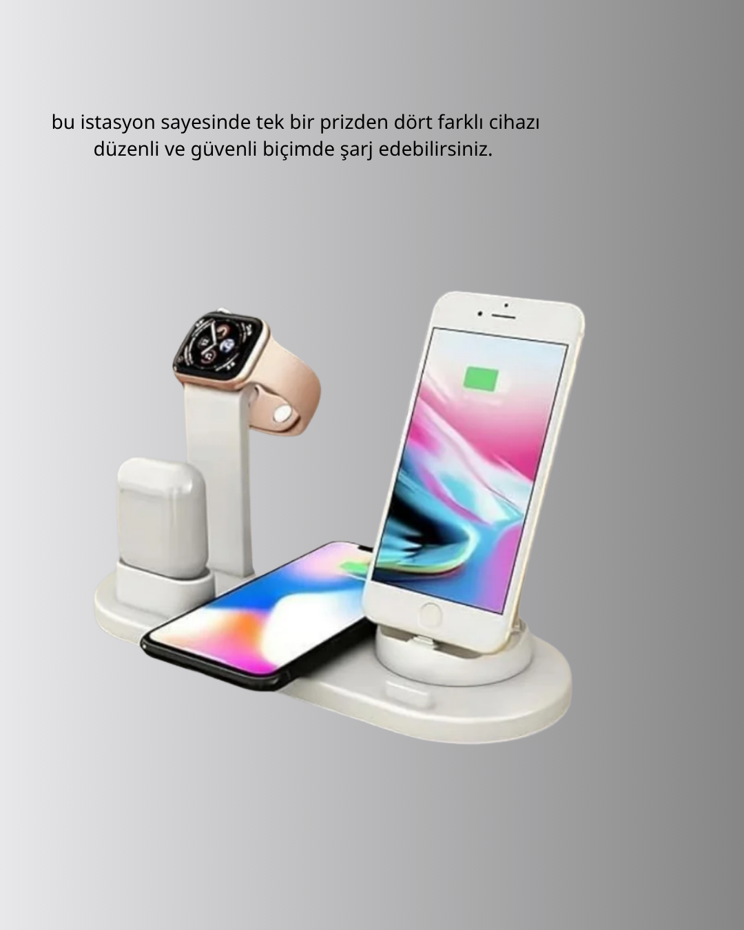 4’lü Kablosuz Şarj Standı iPhone Watch ve AirPods Çoklu Şarjlı