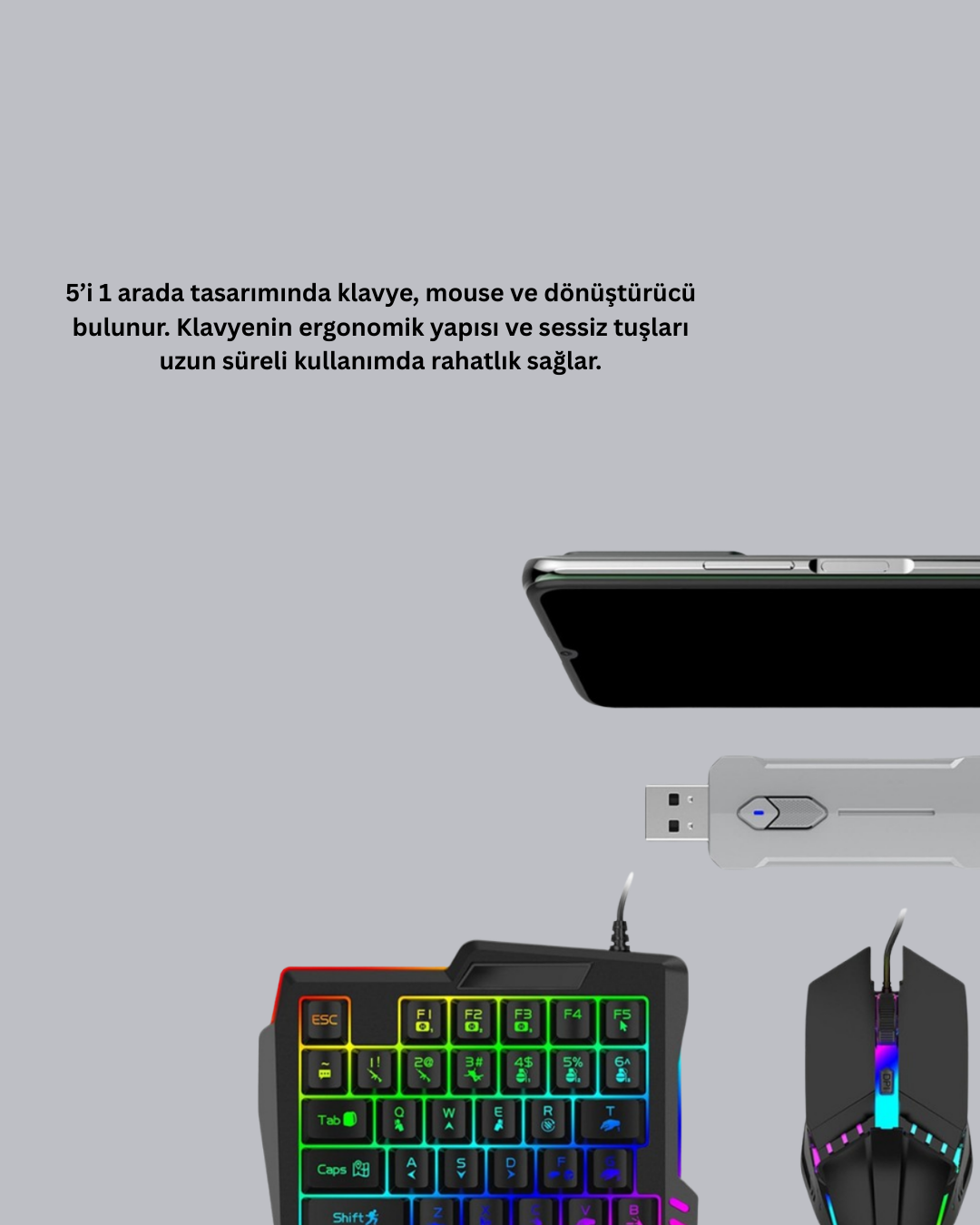 Mobil Gaming Set Klavye + Mouse + Dönüştürücü 5’li Paket Yüksek DPI Bluetooth