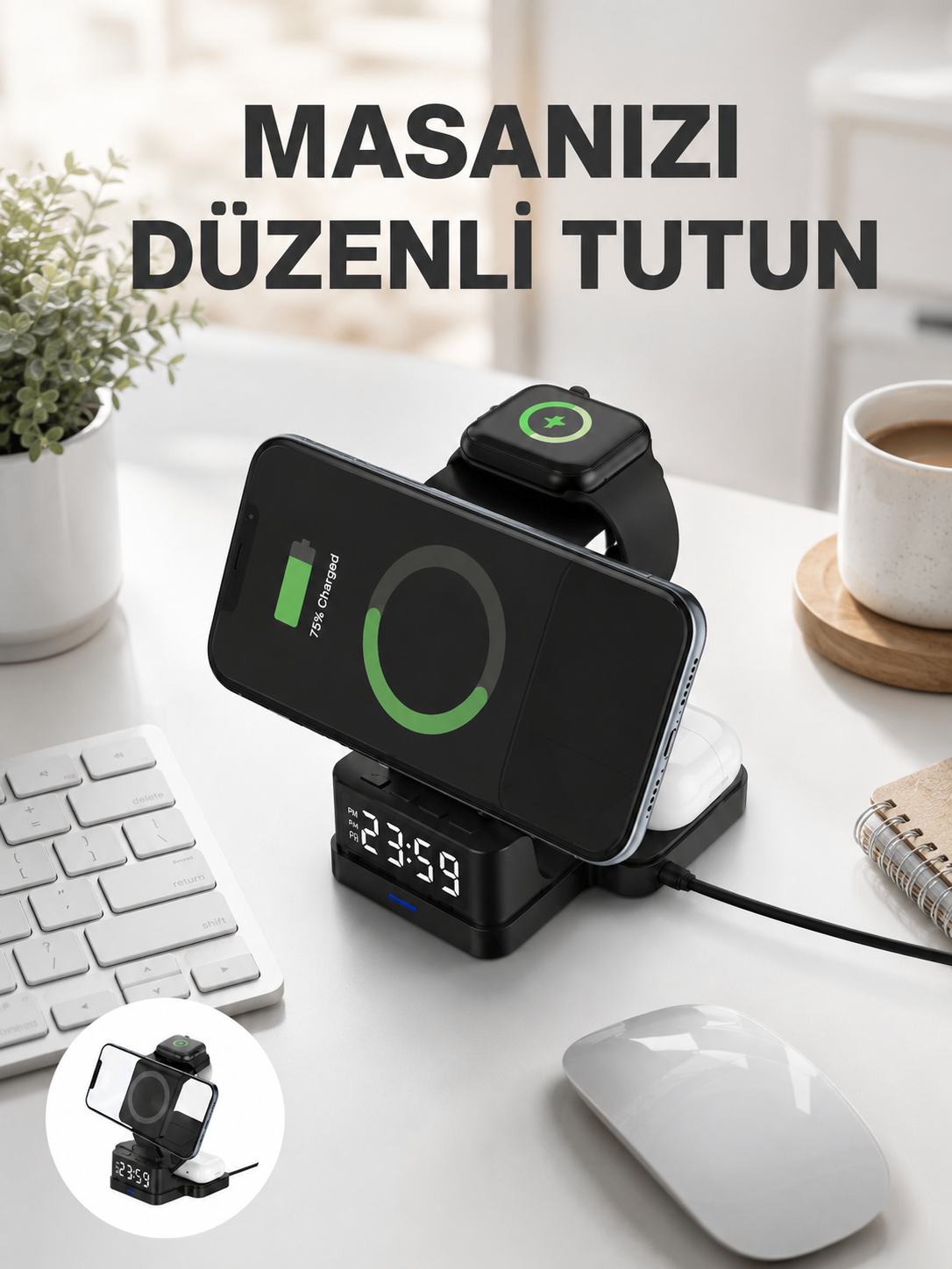 Dijital Saatli Kablosuz Şarj İstasyonu – 3’ü 1 Arada Uyumlu Hızlı Şarj ve LED Ekran Yeni Nesil