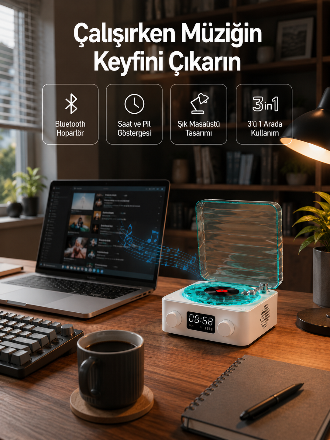 Dekoratif Gece Işıklı Bluetooth Hoparlör – Zaman ve Pil Ekranlı