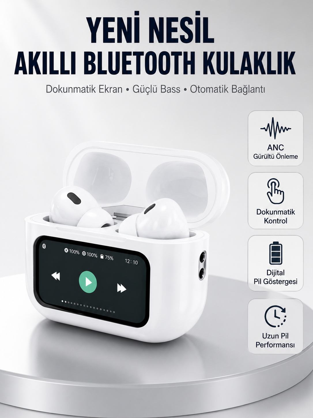 Dokunmatik Ekranlı Bluetooth Kulaklık ANC Gürültü Önleme Suya Dayanıklı Yeni Nesil