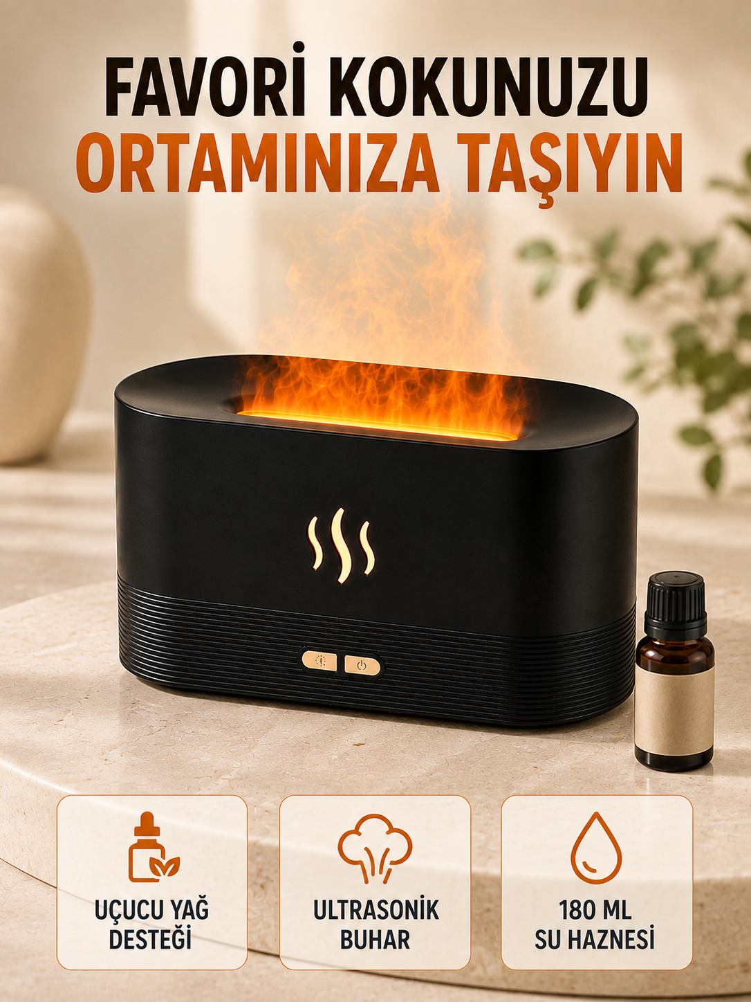 Alev Efektli Aroma Difüzörü Uçucu Yağ Destekli USB Hava Nemlendirici
