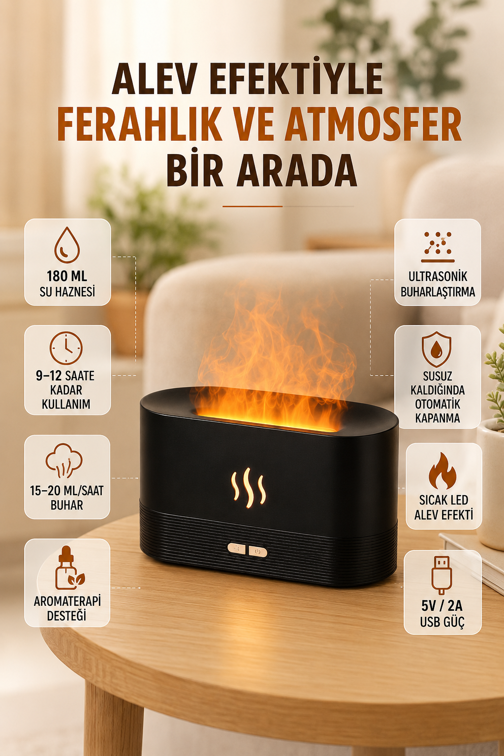 180 ML Alev Efektli Aroma Difüzörü Ultrasonik Buharlı Aromaterapi Cihazı