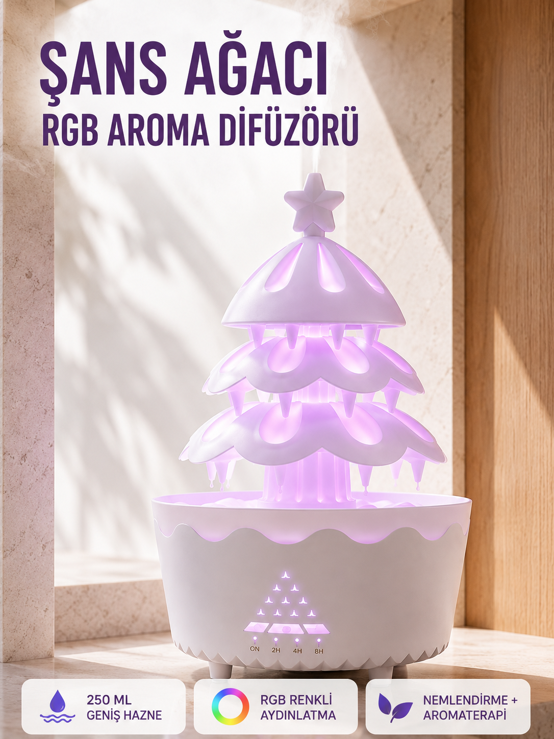 Şans Ağacı 250 ML Ultrasonik Hava Nemlendirici RGB Işıklı Aroma Difüzörü