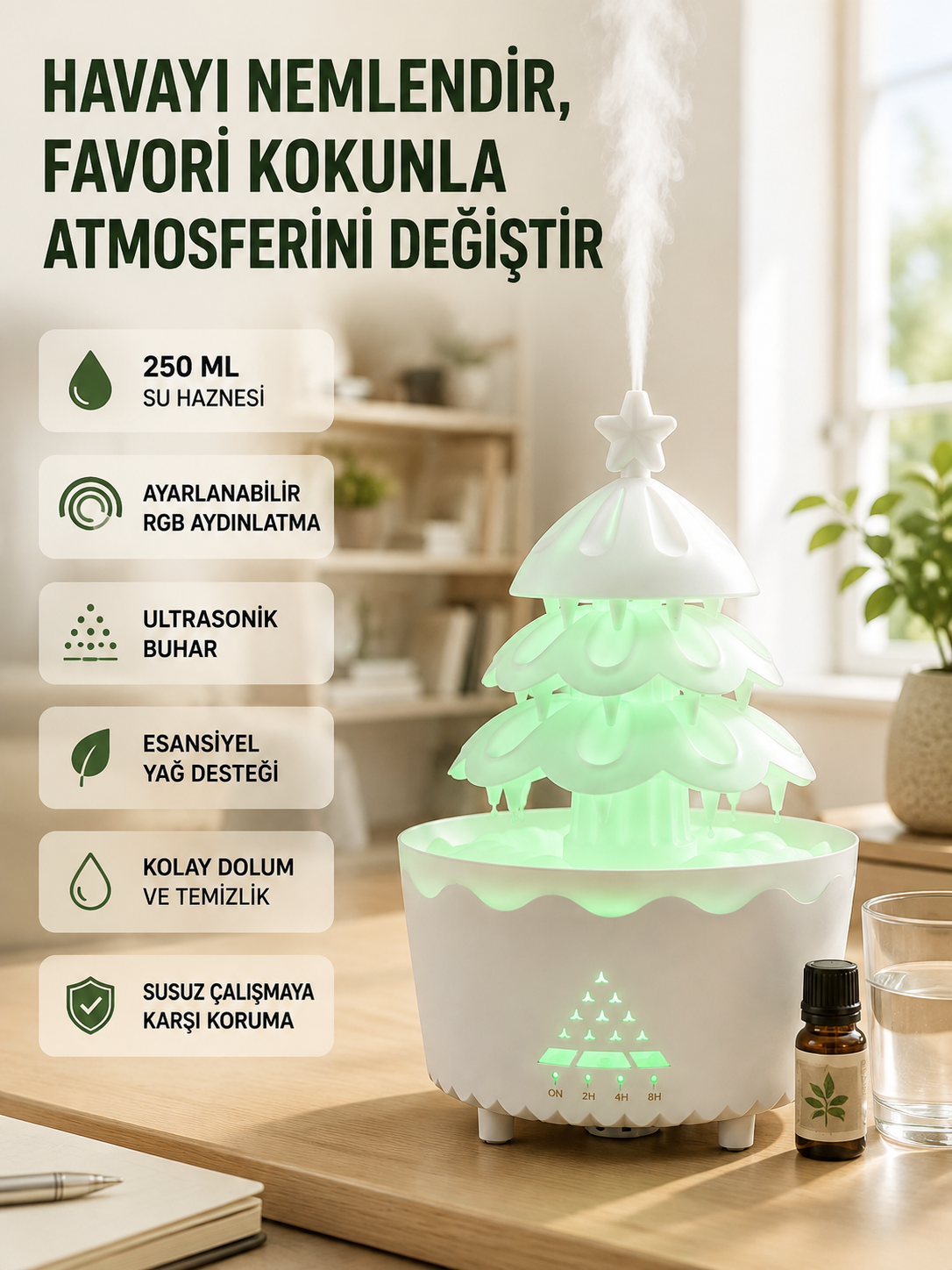 RGB Aydınlatmalı Şans Ağacı Aromaterapi Difüzörü 250 ML Hava Nemlendirici
