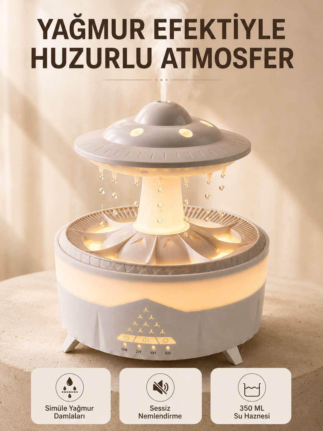 UFO Tasarımlı 350 ML Hava Nemlendirici Renkli Ortam Işığı Yağmur Efektli Difüzör