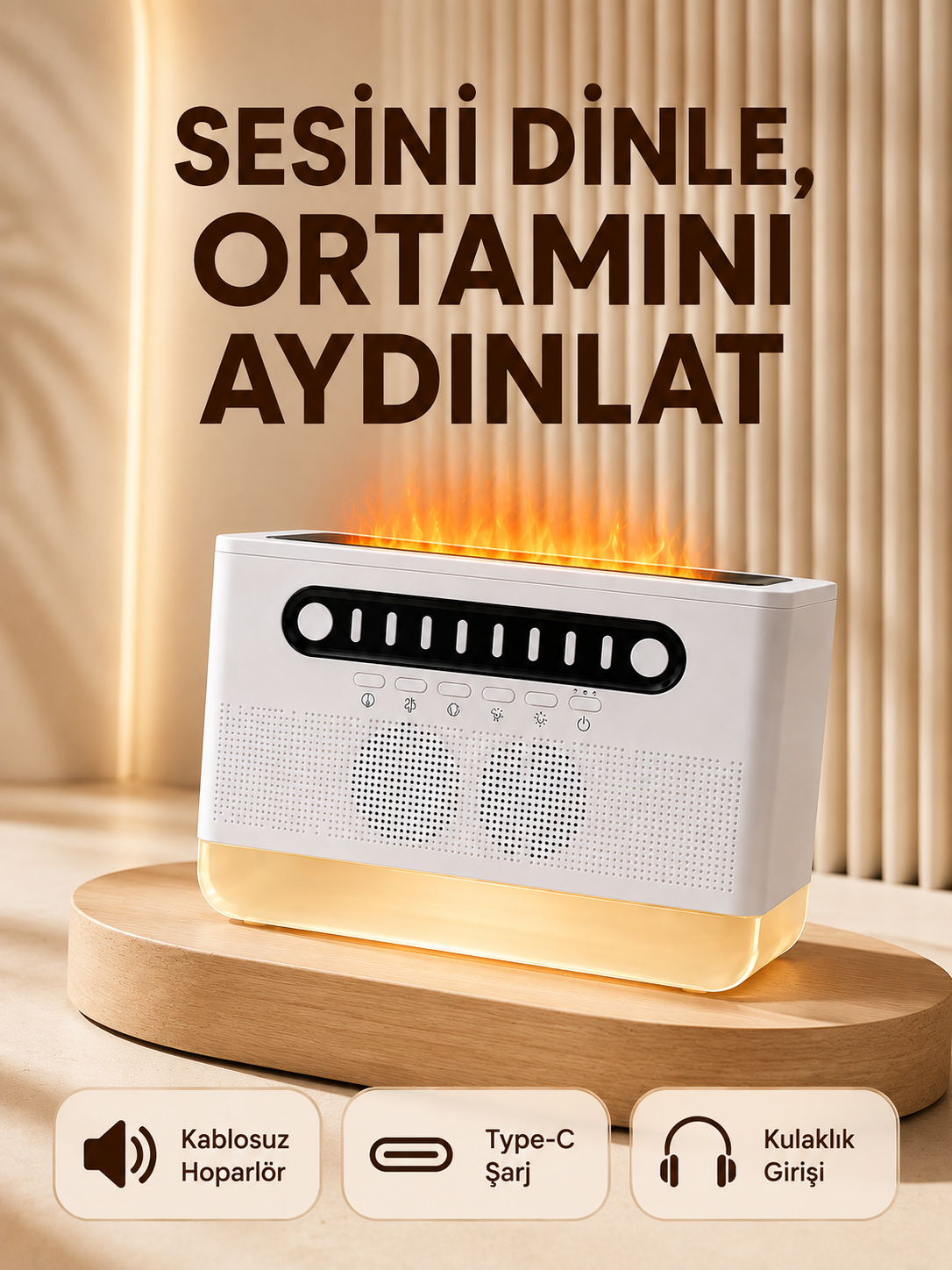8 Çeşit Beyaz Gürültülü Kablosuz Hoparlör ve Renkli Alev Efektli Gece Lambası