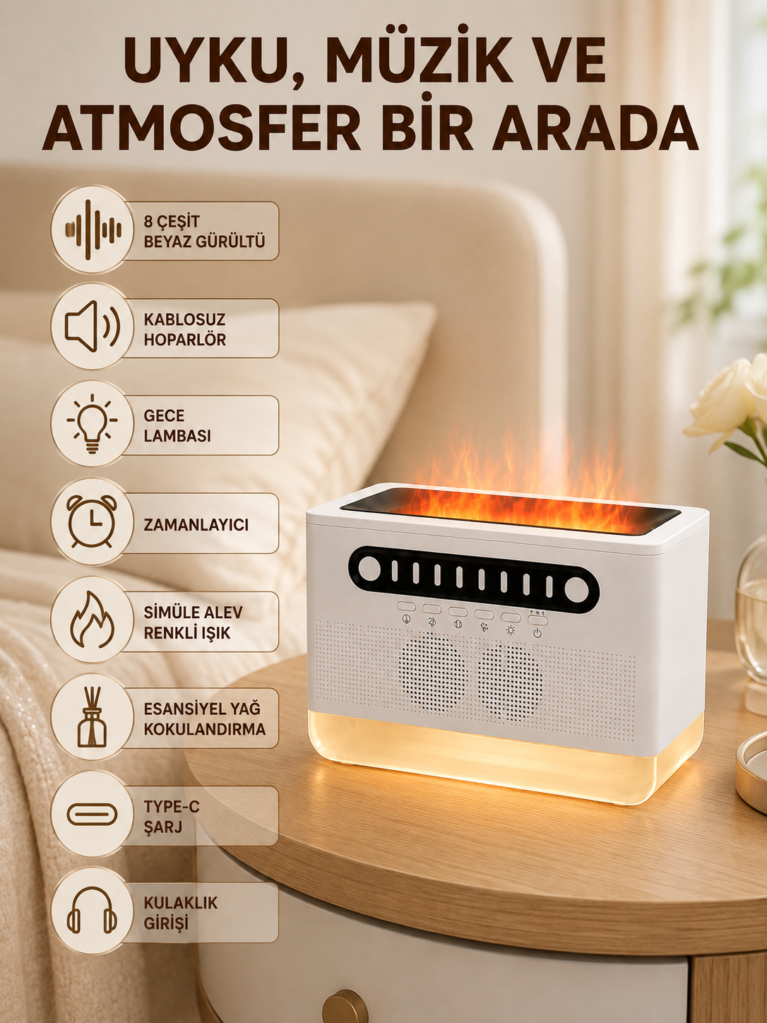 Simüle Alev Efektli Kablosuz Hoparlör Zamanlayıcılı Gece Lambası