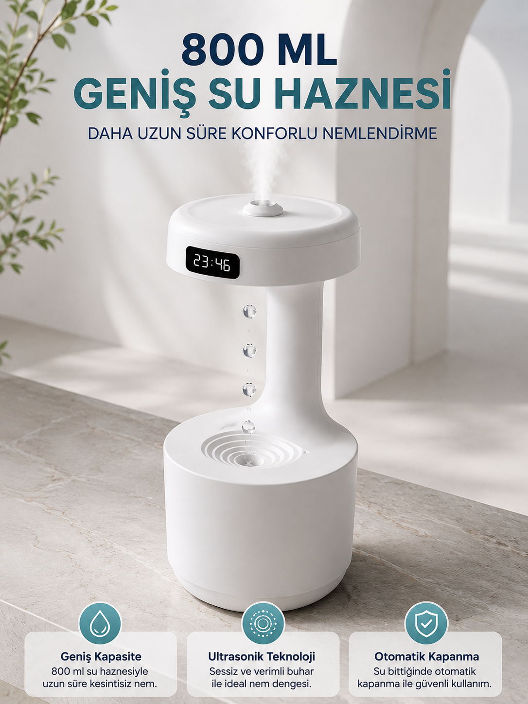 Ters Akan Su Damlası Nemlendirici 800 ml Sessiz Ultrasonik Oda Nemlendirici