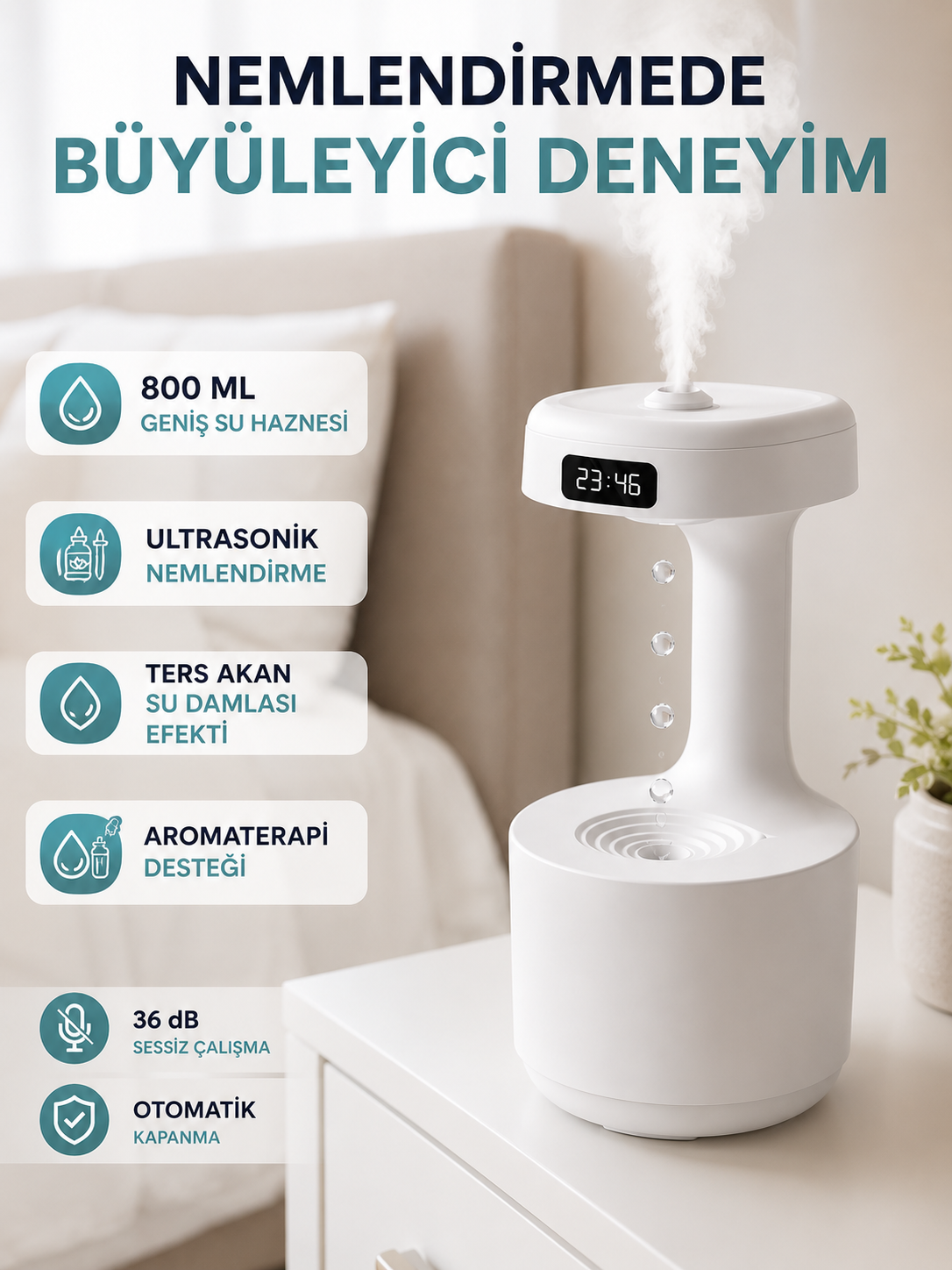 Ters Akan Su Damlası Nemlendirici 800 ml Sessiz Ultrasonik Oda Nemlendirici