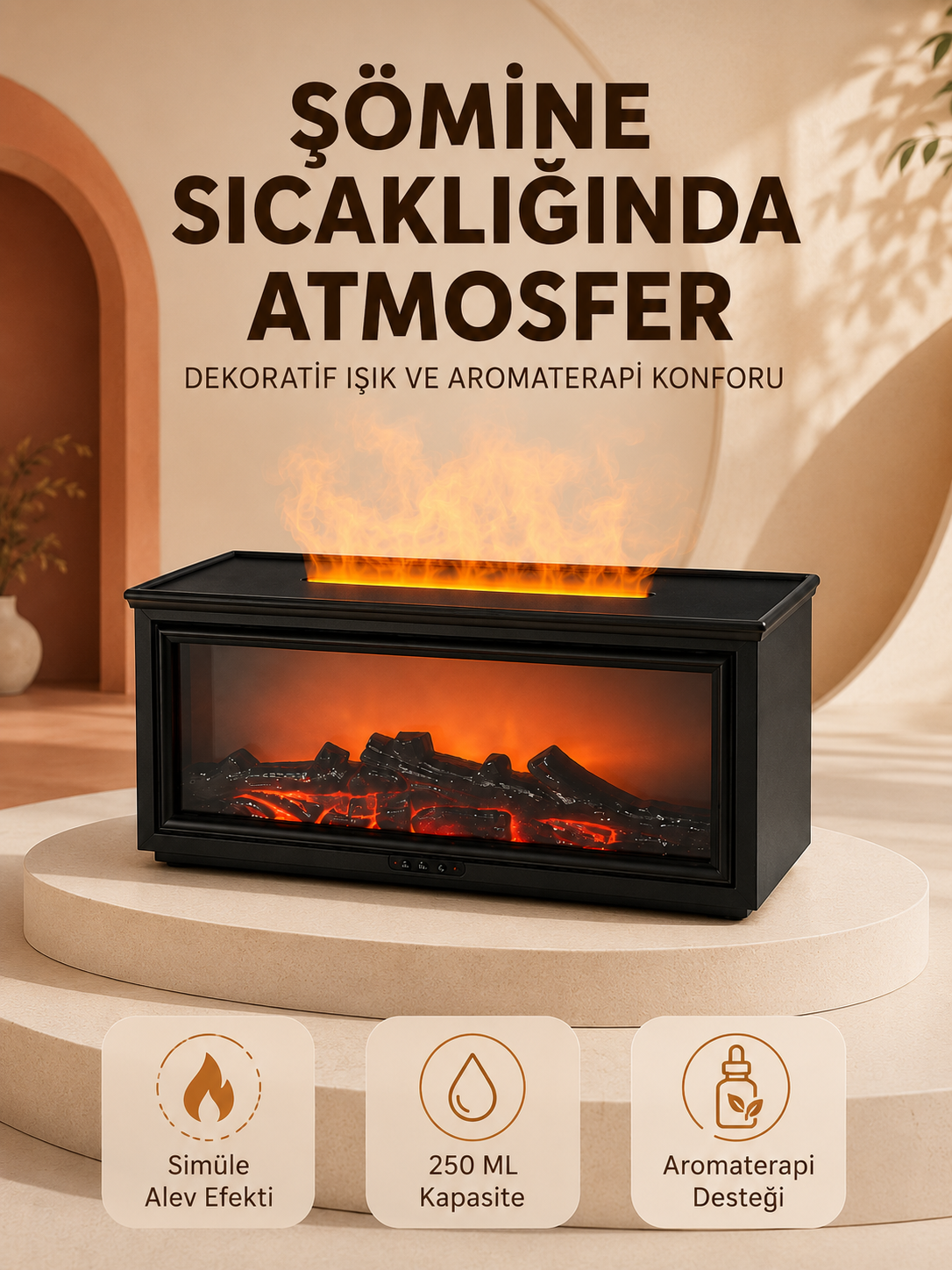 Alev Efektli Aroma Yayıcı Hava Nemlendirici Uzaktan Kumandalı Gece Lambası