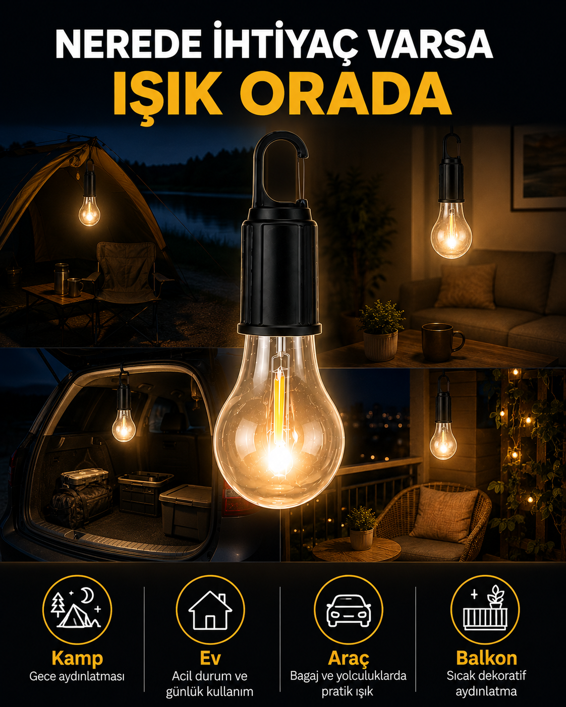 Akıllı Sensörlü USB Şarjlı Kamp Lambası