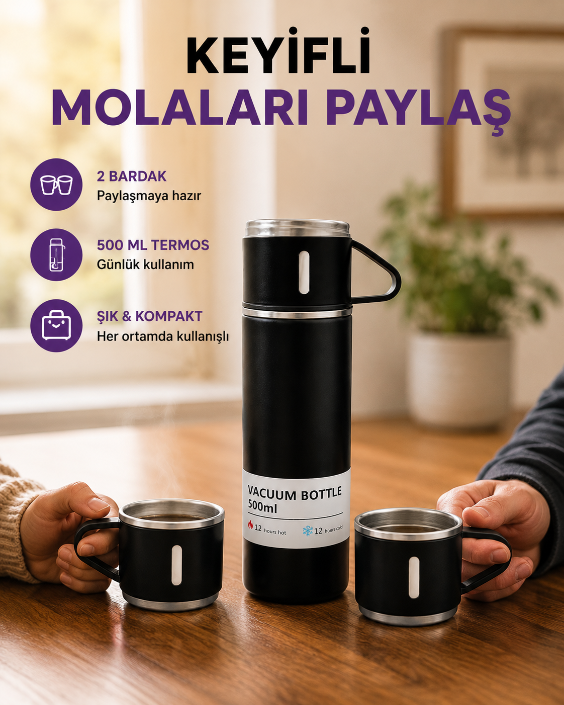 500 ml Isı Korumalı Çelik Termos ve Bardak Seti | Silikon Tabanlı, Şık ve Pratik