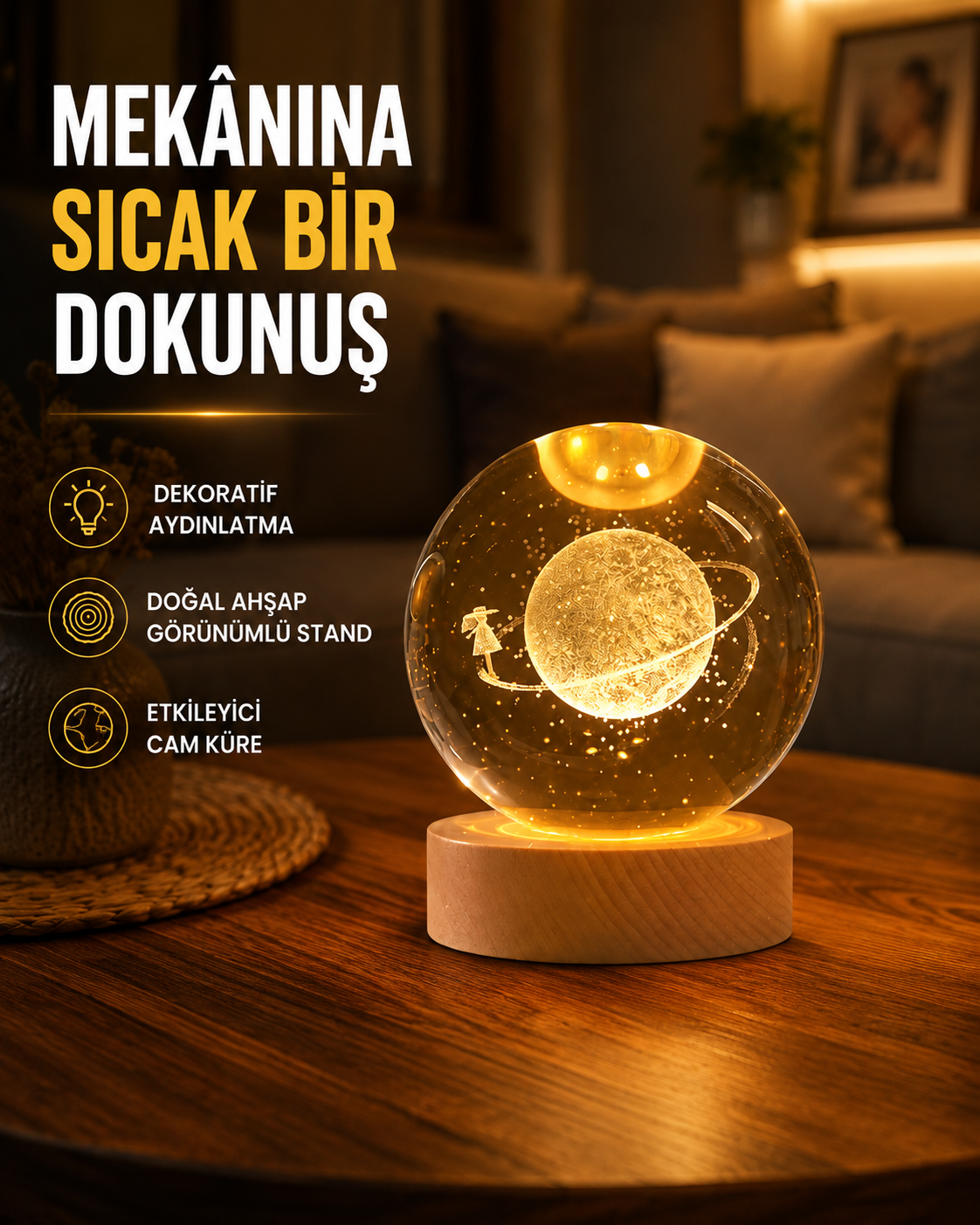Kız Figürlü Sarı Cam Küre Işıklı Büyük Boy Ahşap Standlı Dekor