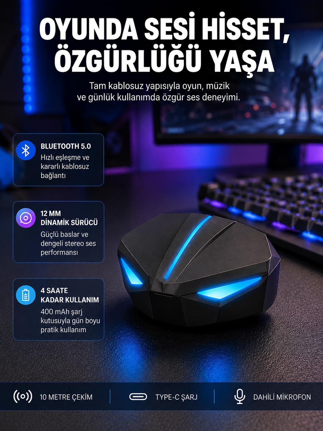 Tam Kablosuz Oyuncu Kulaklığı 5.0 Bluetooth LED Kontrollü Yeni Nesil