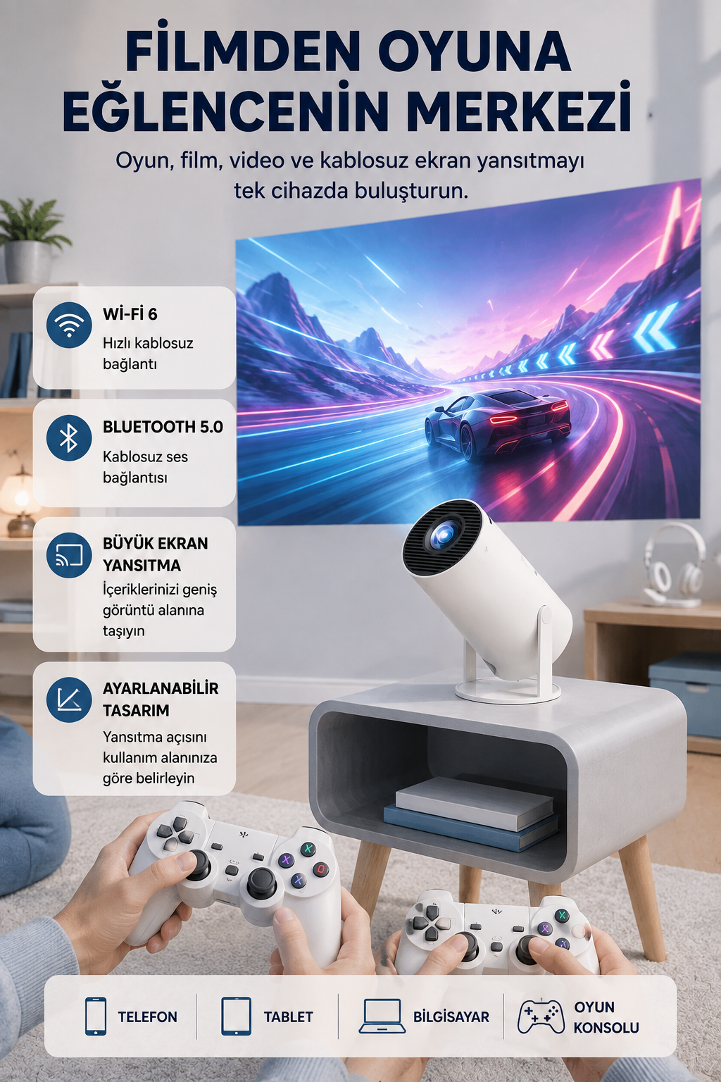 Taşınabilir Projeksiyon Cihazı 4K Destekli Wi-Fi Kablosuz Ekran Yansıtma