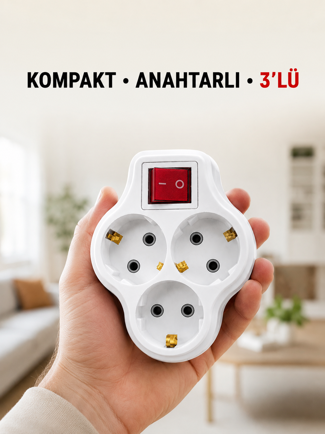 Anahtarlı 3’lü Priz Çoğaltıcı Kablosuz Duvar Tipi Topraklı Priz Çoklayıcı