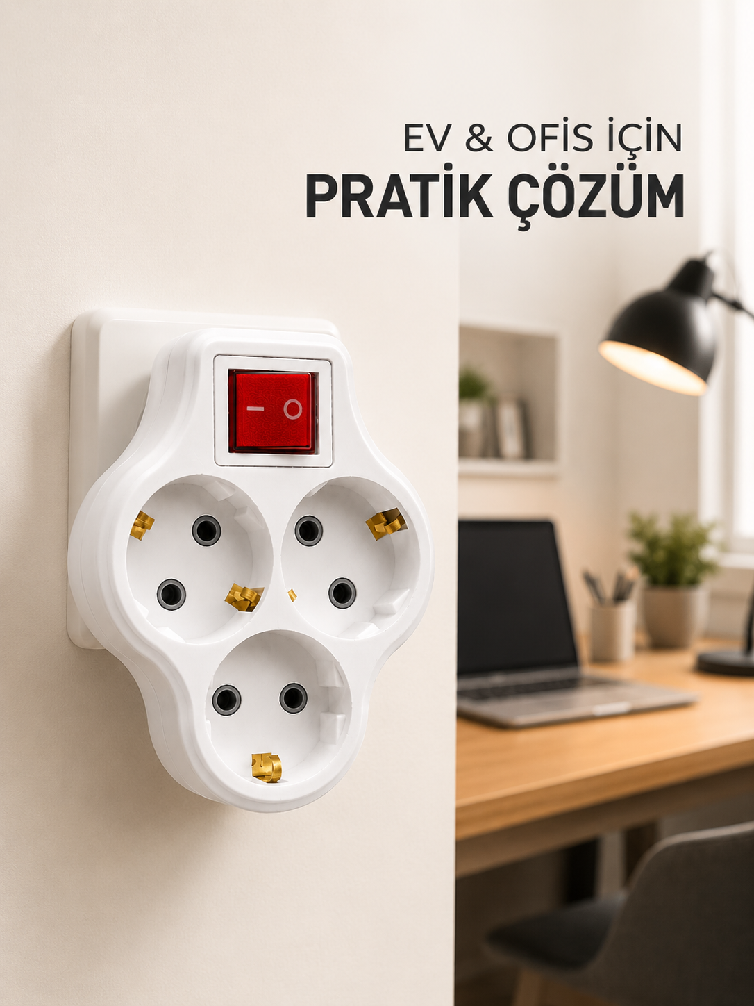Kablosuz Priz Çoğaltıcı 3 Çıkışlı Anahtarlı Kompakt Duvar Tipi Çoklayıcı