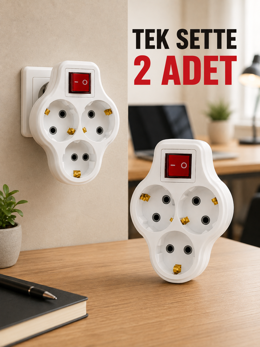 2’li Set Anahtarlı 3’lü Priz Çoğaltıcı Direkt Prize Takılan Kablosuz Çoklayıcı