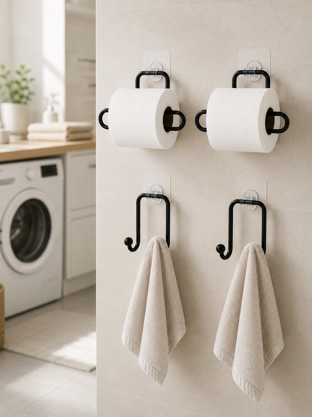 Yapışkanlı Banyo Düzenleme Seti 2 Rulo Tutucu 2 Havlu Askılığı 4 Parça