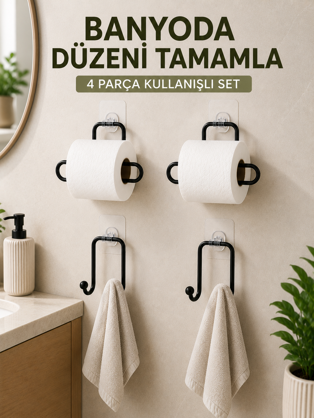 Banyo ve Mutfak İçin 4 Parça Set 2 Adet Kağıtlık 2 Adet Havlu Askısı