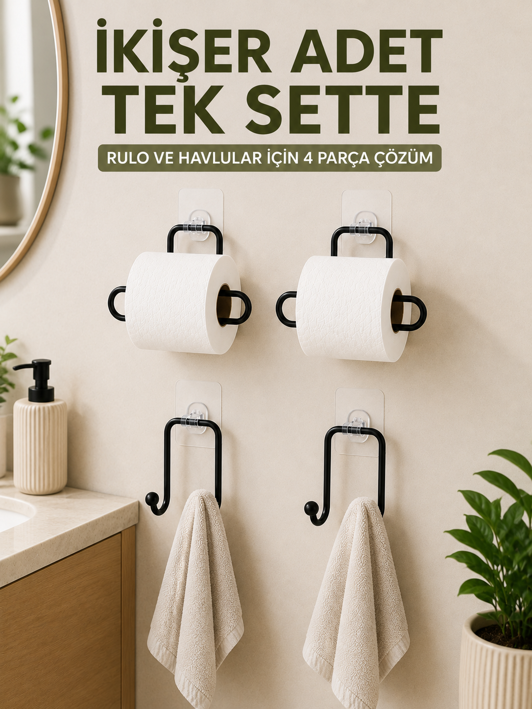 Rulo Kağıt Tutucu ve Havlu Bez Askılığı Seti 2’şer Adet Toplam 4 Parça
