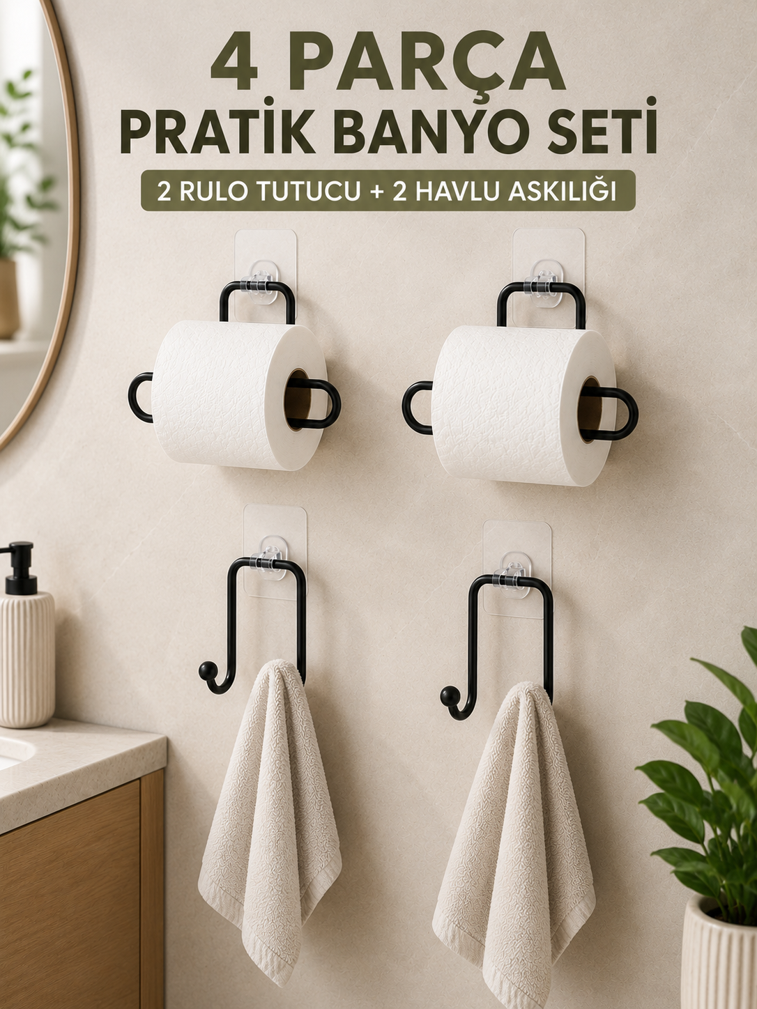 Pratik Banyo Düzenleme Seti 2 Adet Rulo Kağıt Tutucu 2 Adet Havlu Askılığı